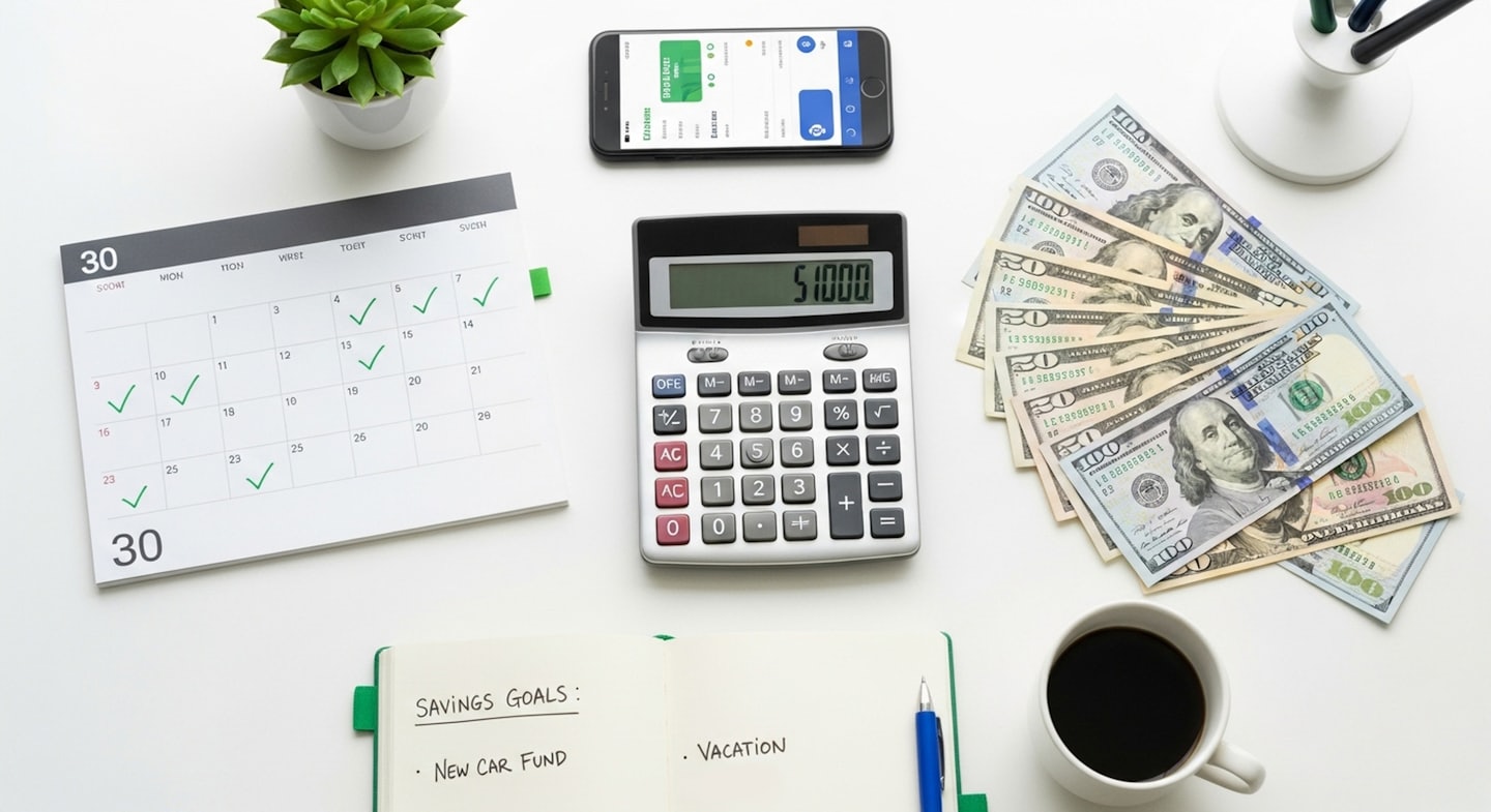 Desk items for financial planning including currency and a notebook.