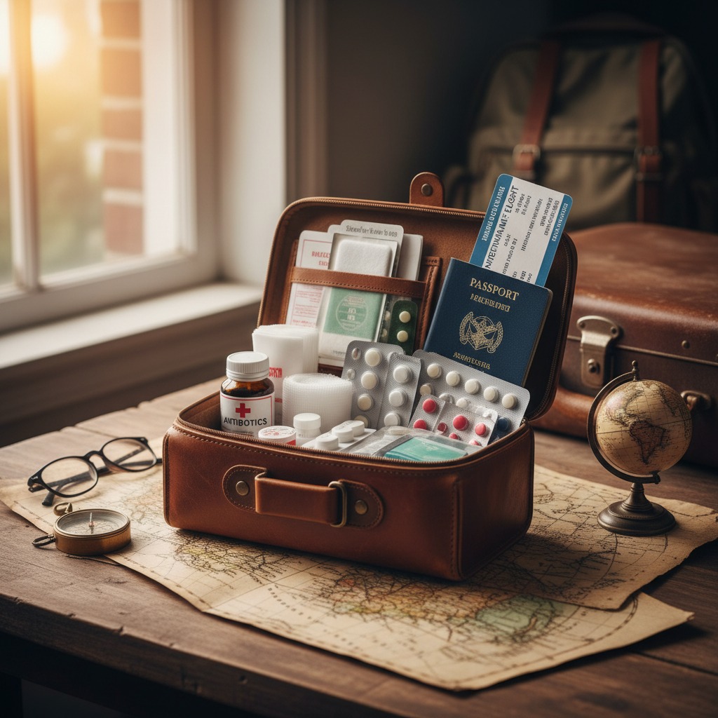 An open leather travel kit containing first aid supplies, a passport, and a boarding pass rests on a wooden table with a map, compass, and globe.