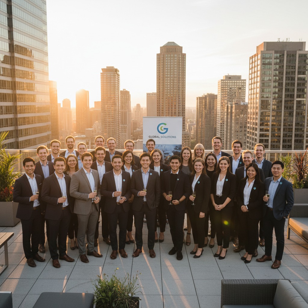 A large team of business professionals poses for a photo on a rooftop terrace during sunset with a city skyline in the background.